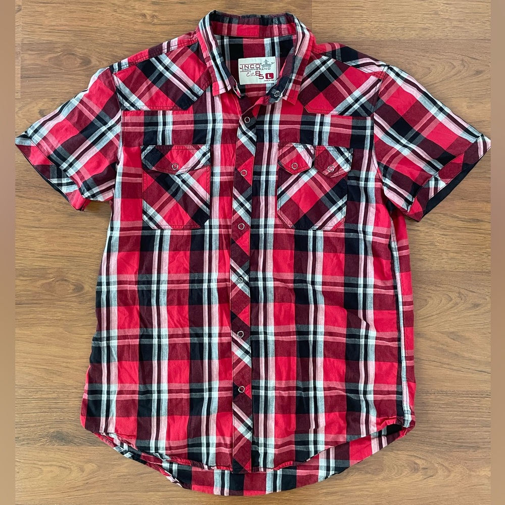 JNCO Crown Brand Size L Short Sleeve Plaid Shirt Snap Button Black Red Skater
